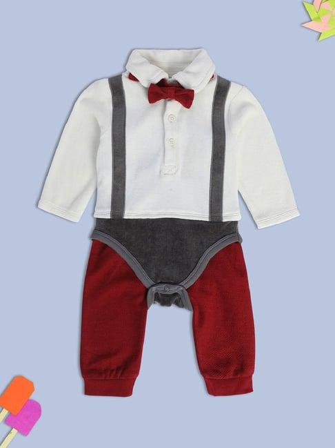 miniklub kids white & red solid full sleeves bodysuit, pants with bow