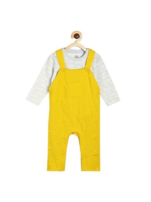 miniklub kids yellow & grey cotton printed full sleeves dungaree set