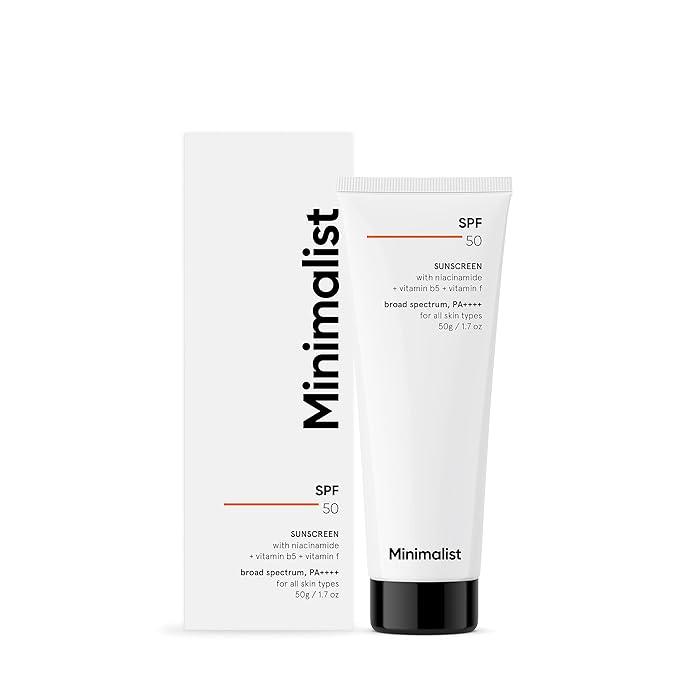 minimalist sunscreen spf 50 lightweight with multi-vitamins | no white cast | broad spectrum pa ++++ | for women & men | 50g