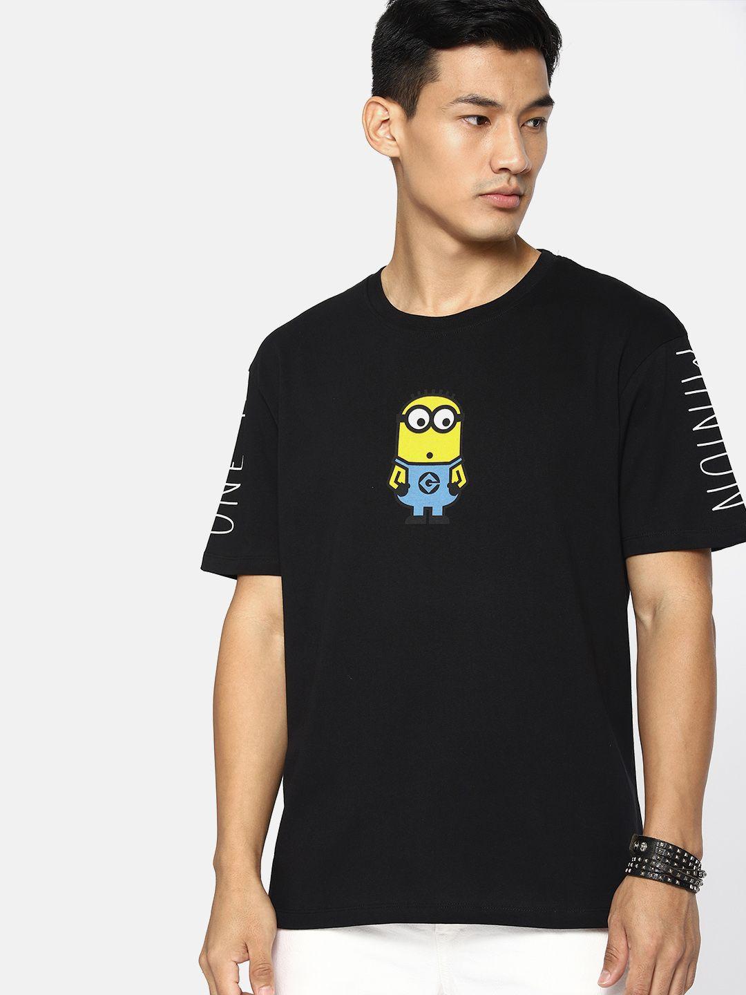 minions by kook n keech men black printed round neck pure cotton t-shirt