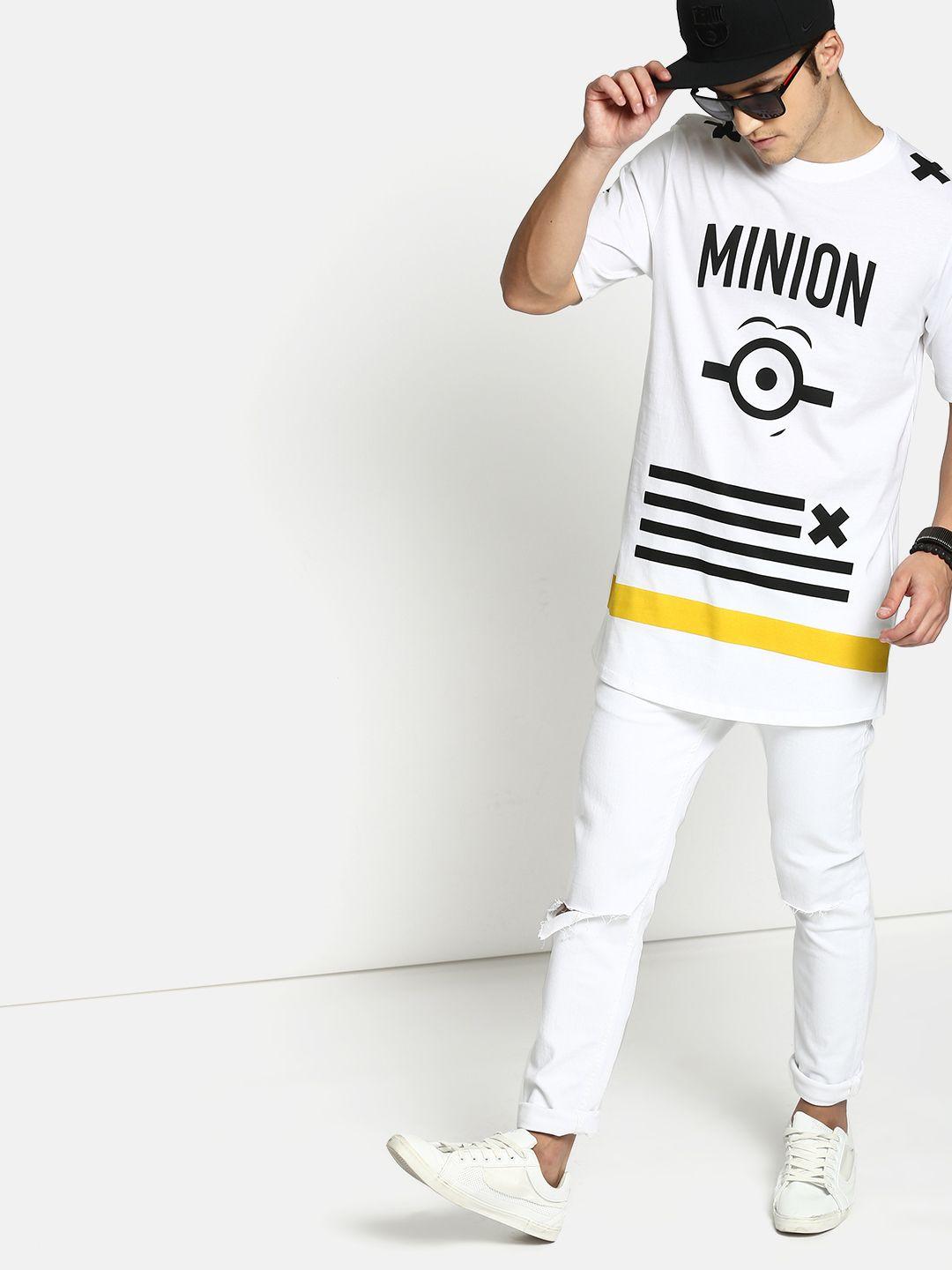 minions by kook n keech men white  black printed round neck longline pure cotton t-shirt