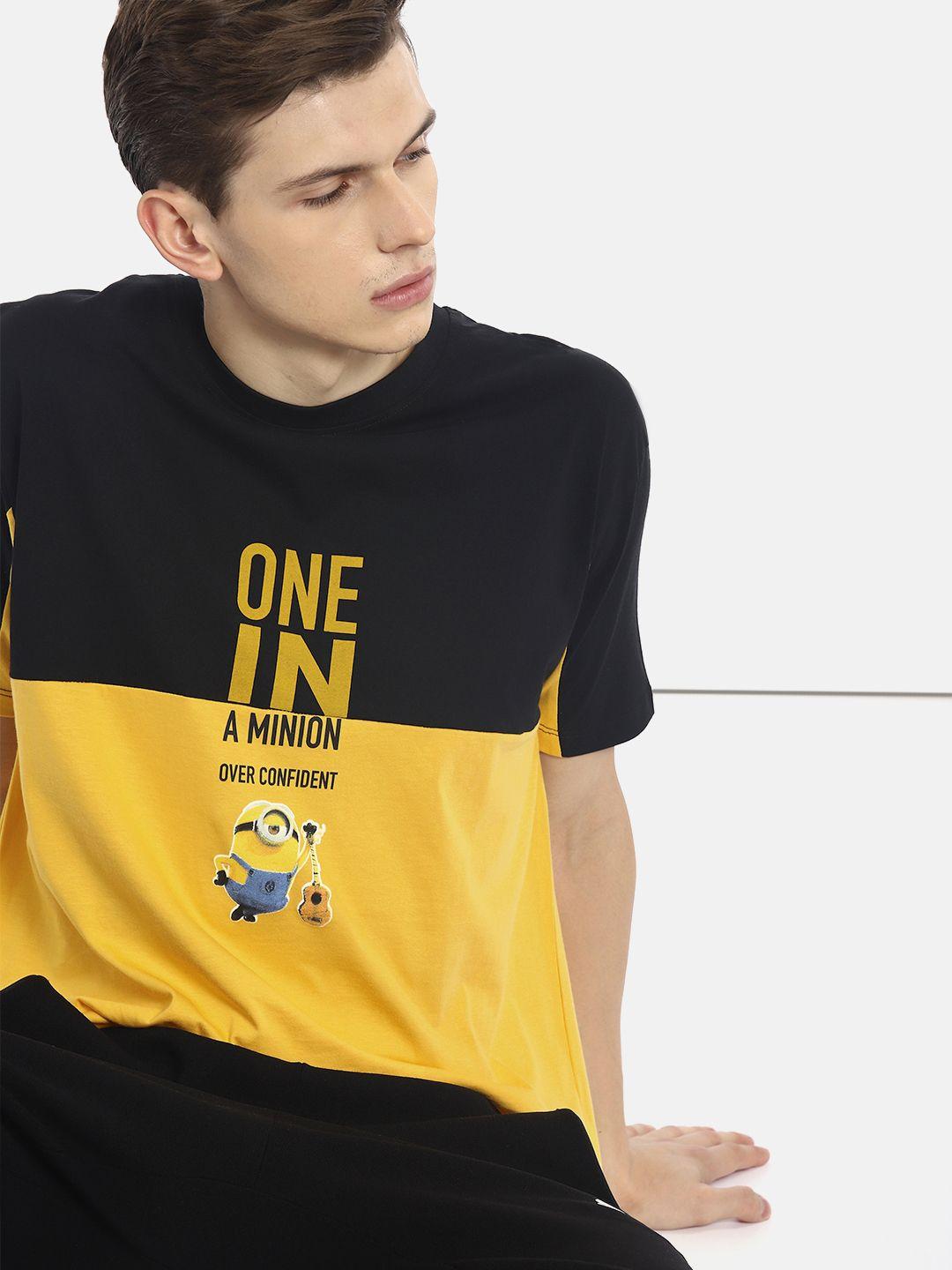 minions by kook n keech men yellow  black colourblocked round neck pure cotton t-shirt