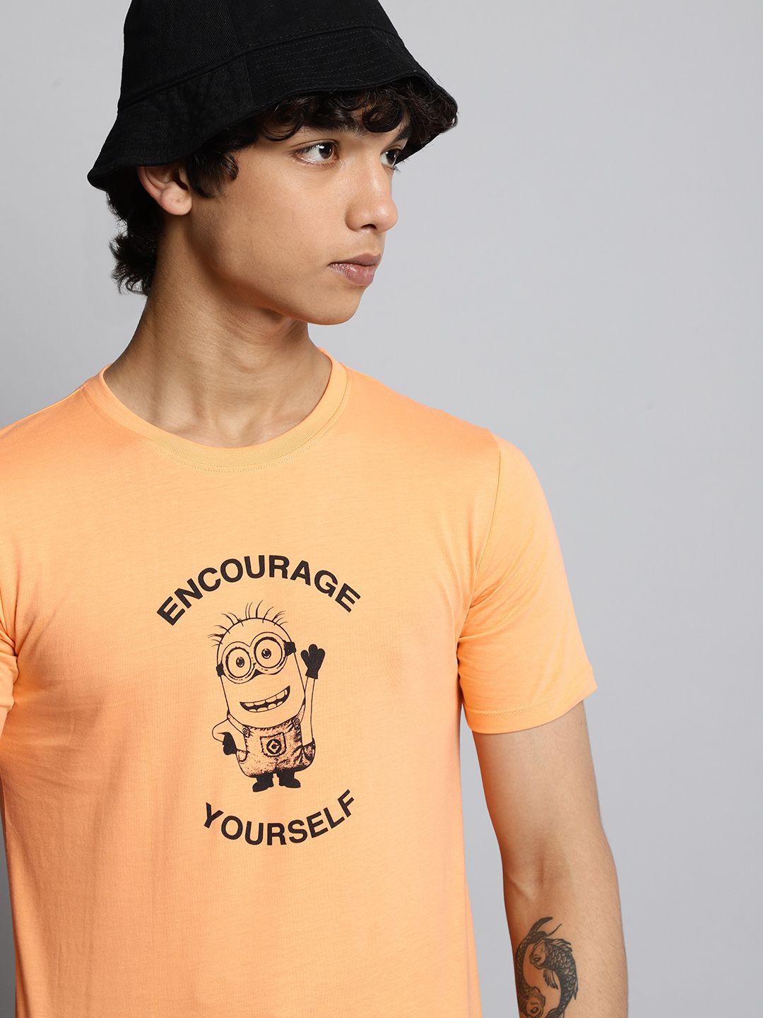 minions by kook n keech teens boys peach-coloured typography minions printed pure cotton t-shirt