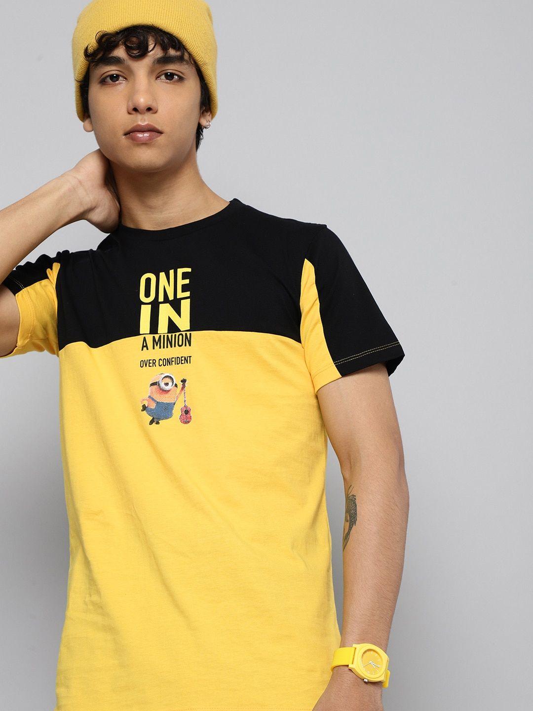 minions by kook n keech teens boys yellow & black colourblocked cotton t-shirt