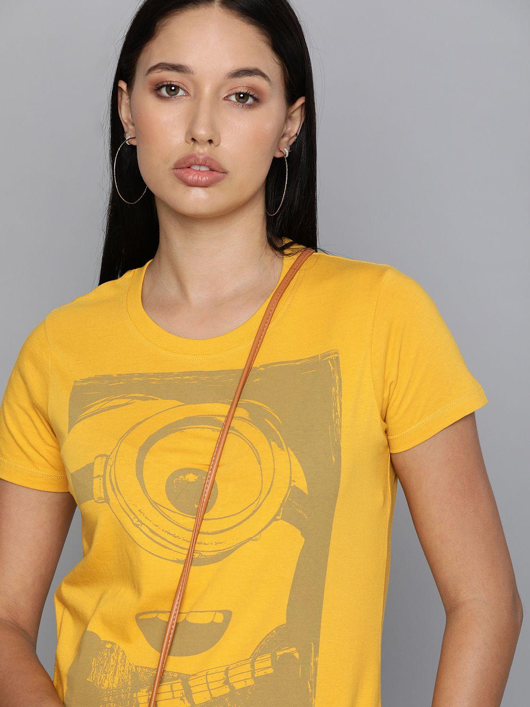 minions by kook n keech women mustard yellow & taupe cotton printed t-shirt