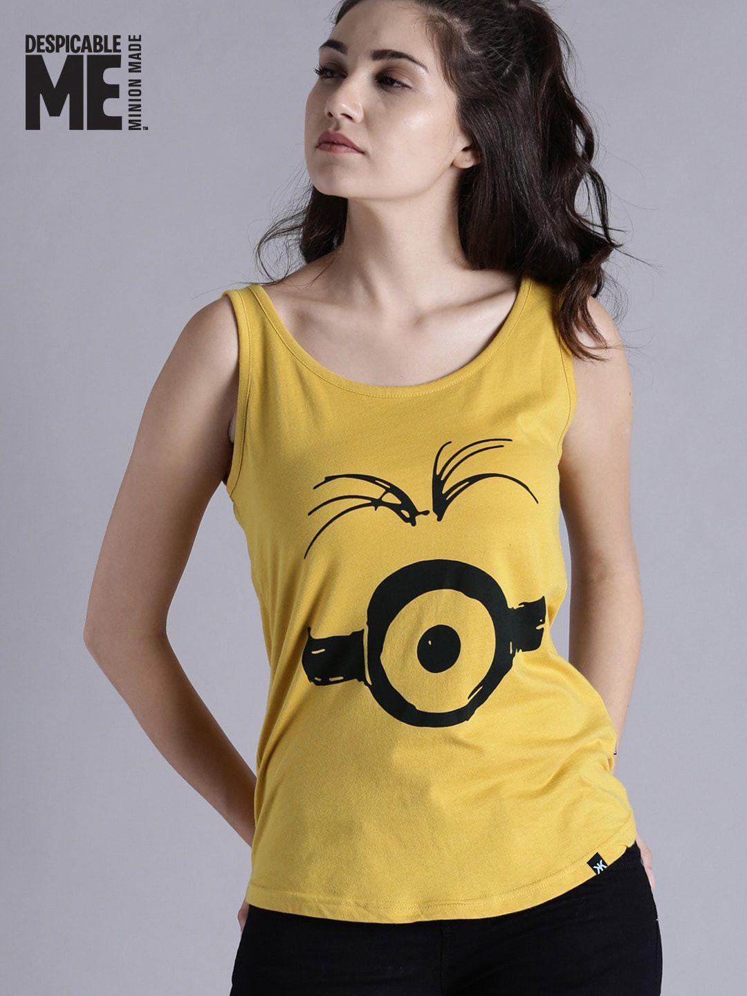 minions by kook n keech women mustard yellow printed round neck t-shirt