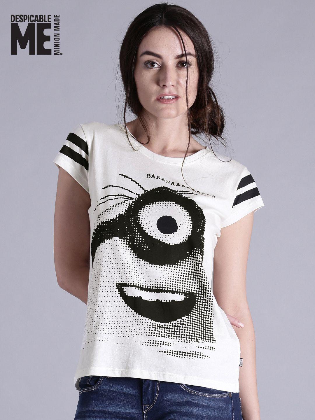 minions by kook n keech women off-white & black printed round neck t-shirt