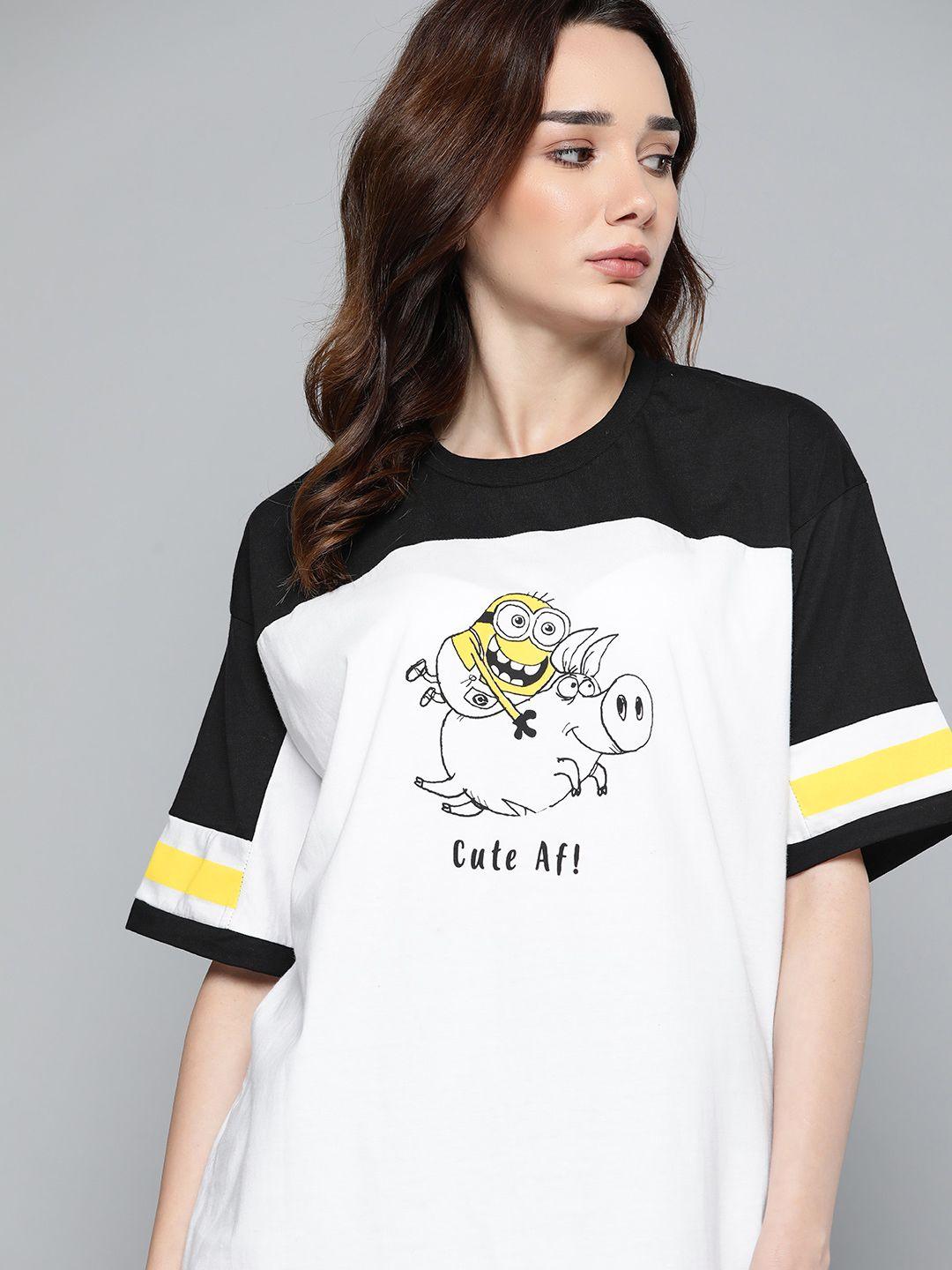 minions by kook n keech women white & black pure cotton oversized colourblocked t-shirt