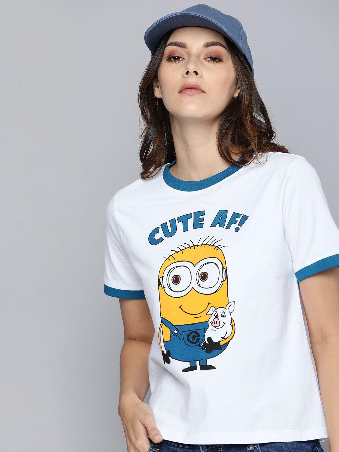 minions by kook n keech women white minion printed round neck pure cotton t-shirt