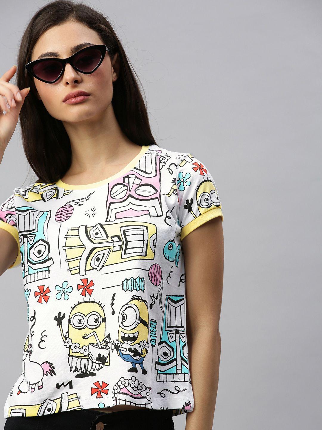 minions by kook n keech women white printed round neck pure cotton t-shirt