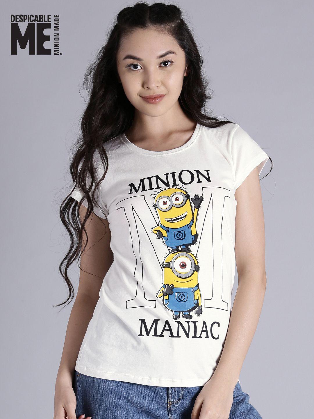 minions by kook n keech women white printed round neck t-shirt