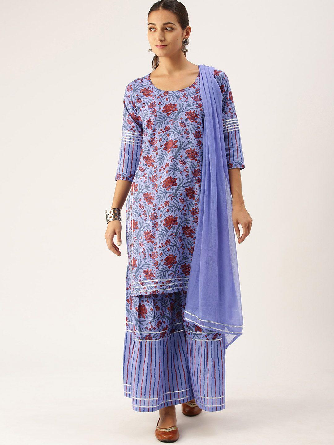 minora women blue floral printed regular pure cotton kurta with sharara