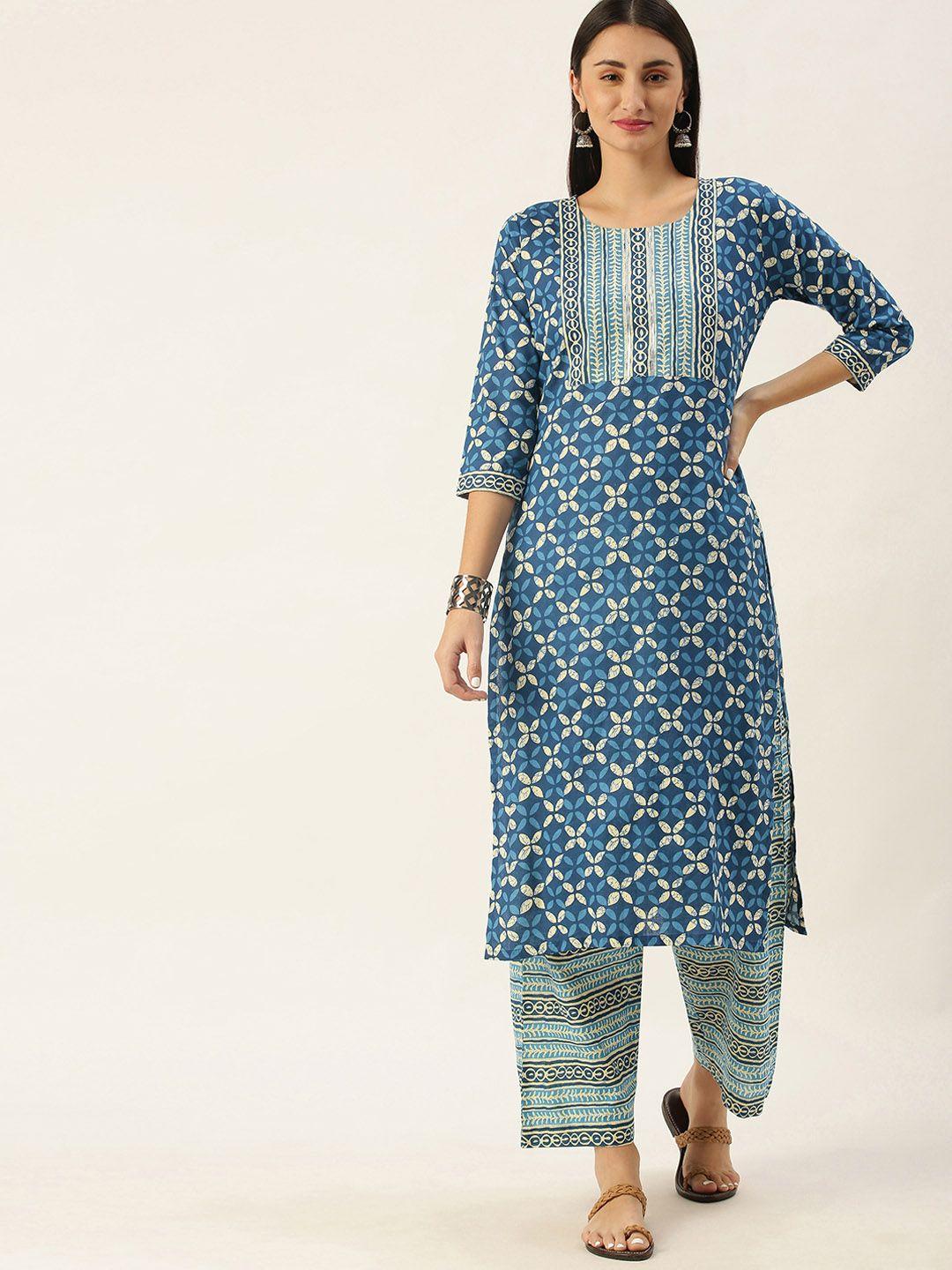 minora women blue printed pure cotton kurta with trousers