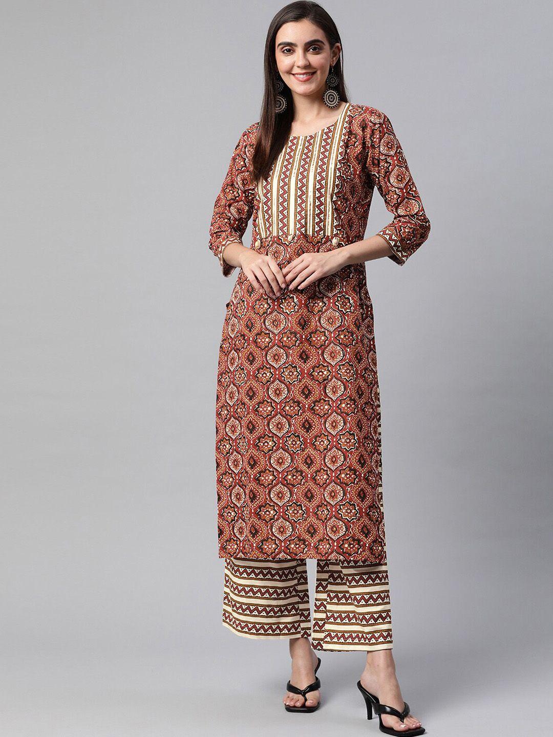 minora women brown printed panelled pure cotton kurta with palazzos