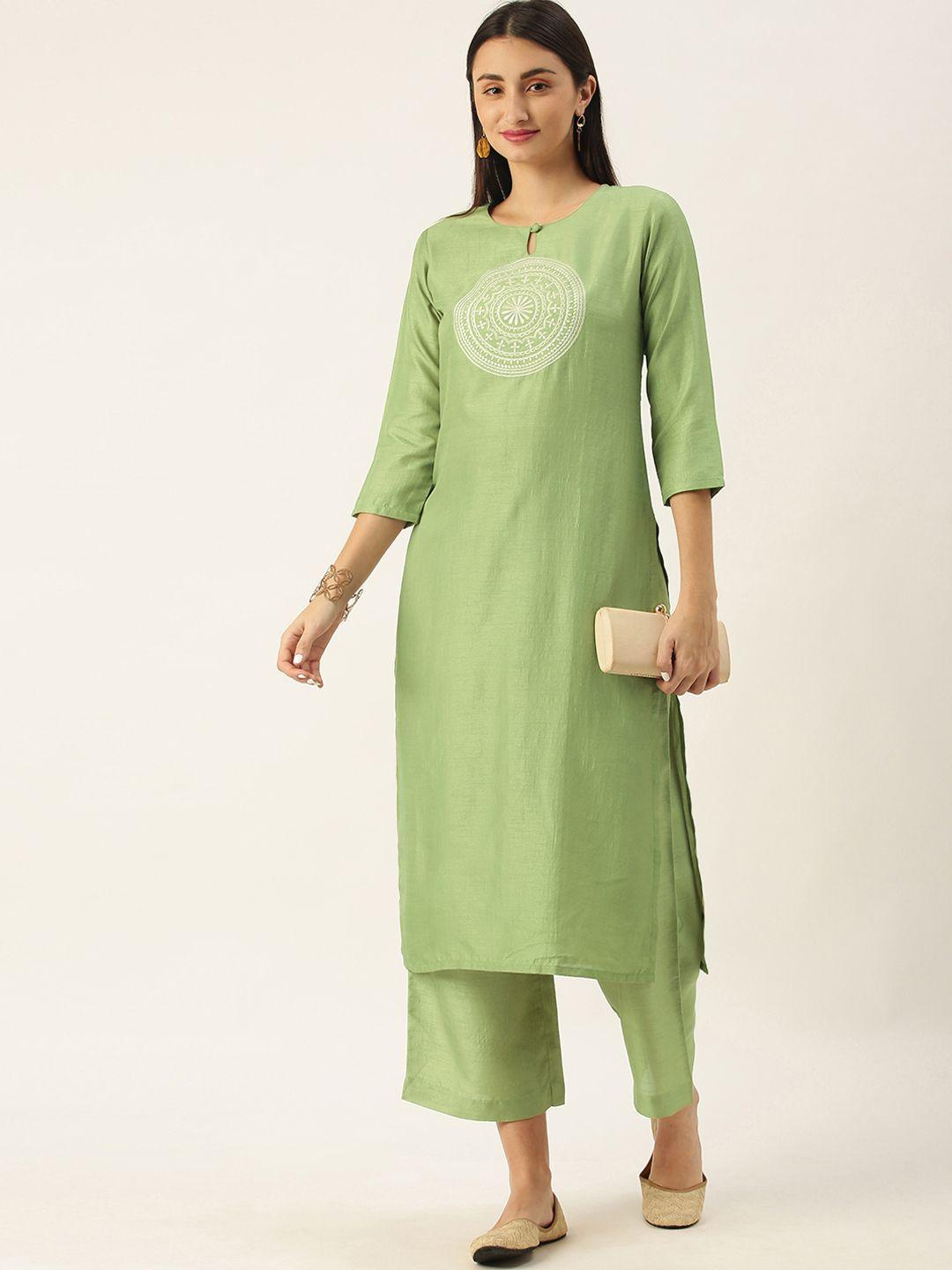 minora women green embroidered yoke design kurta with palazzos