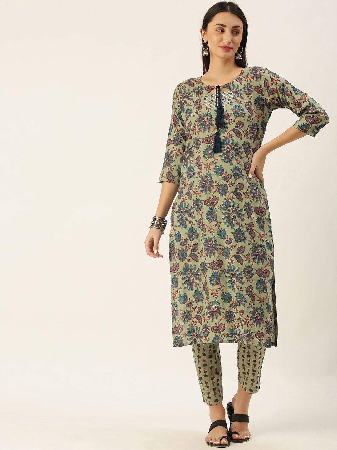 minora women green floral printed pure cotton kurta with trousers