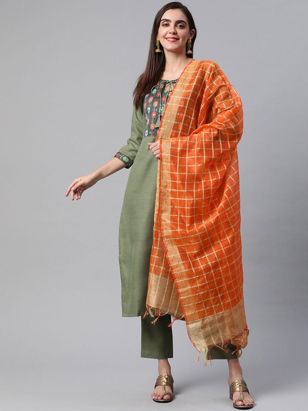 minora women green yoke design pleated kurti with trousers & with dupatta