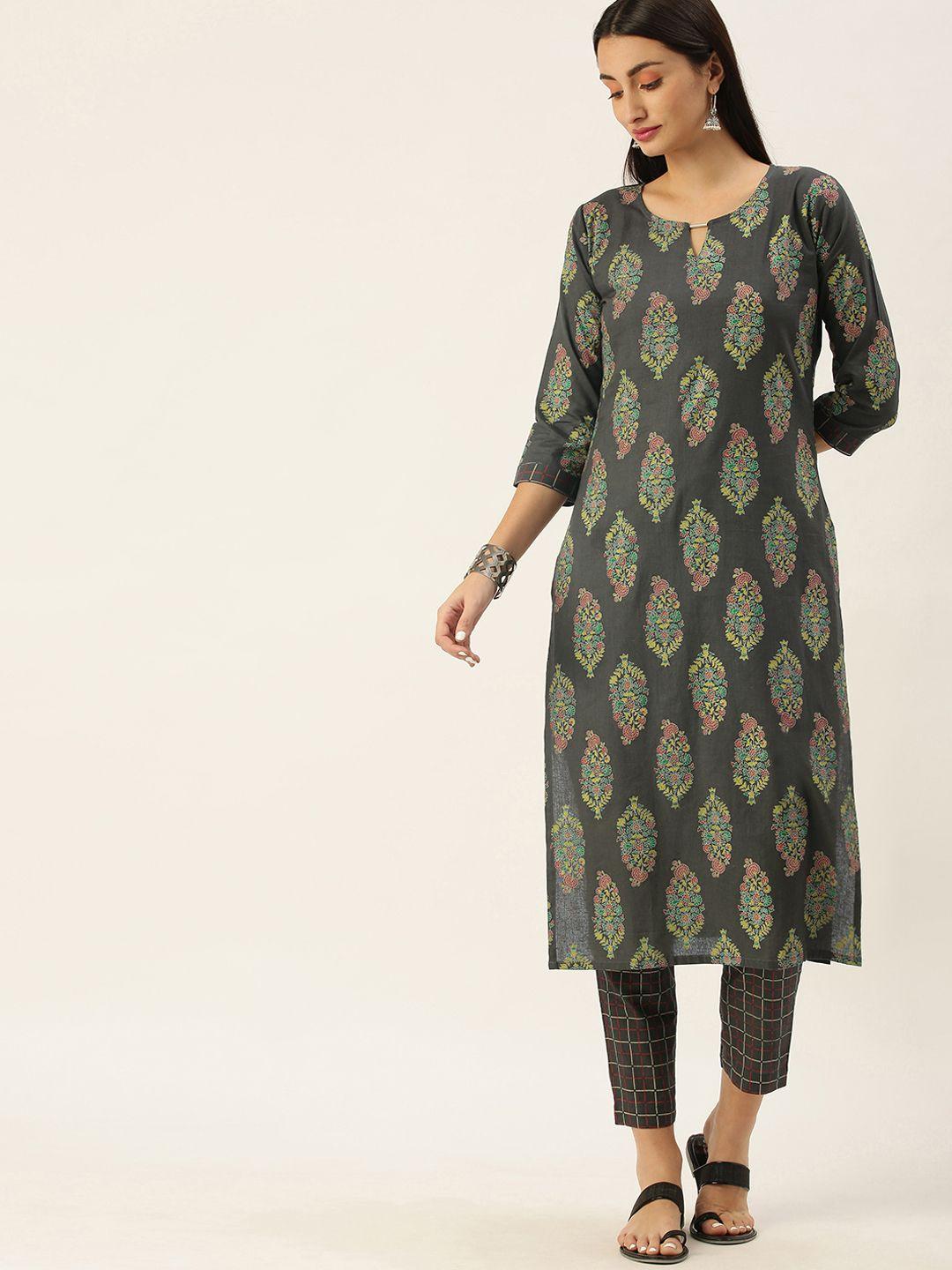 minora women grey floral printed kurta with trousers