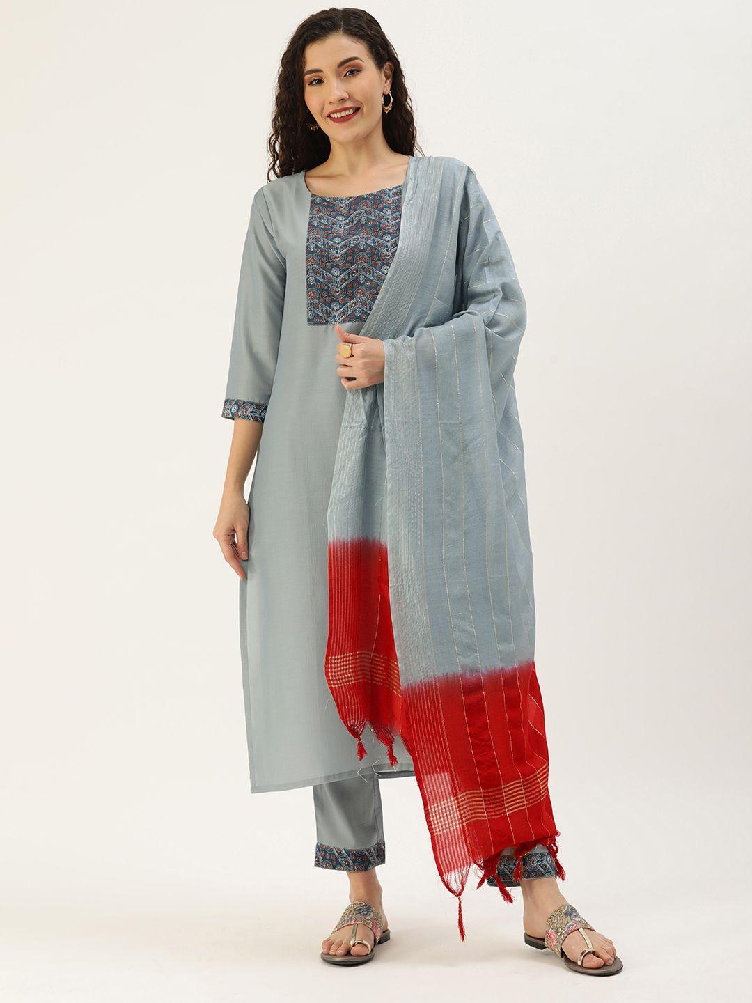 minora women grey floral yoke design liva kurta with trousers & with dupatta