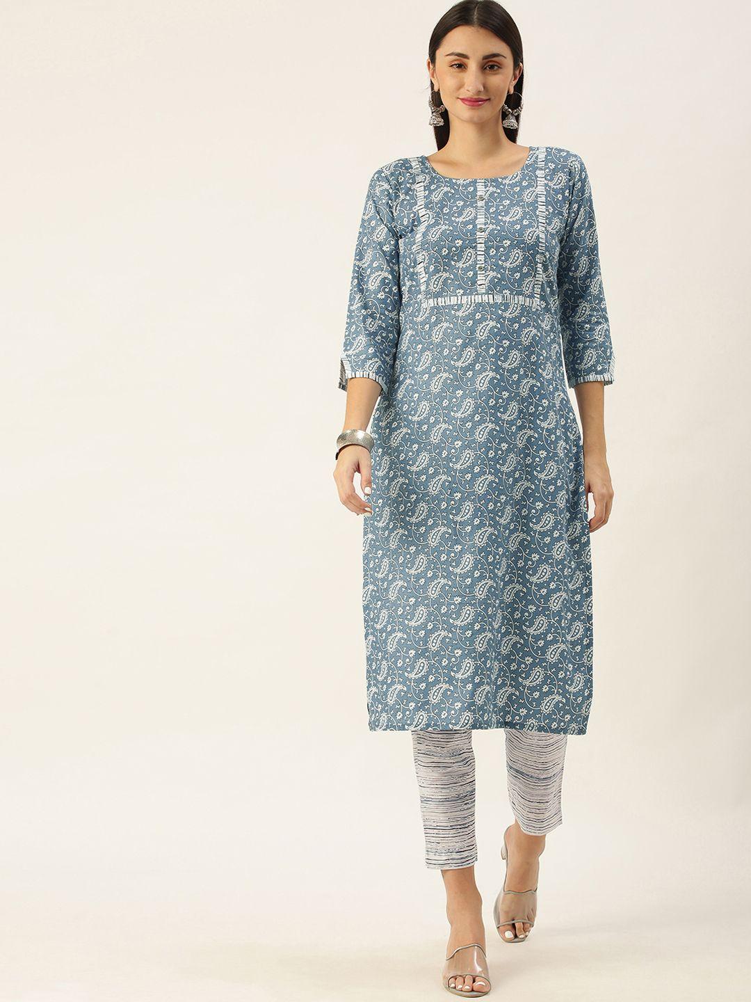 minora women grey paisley printed pure cotton kurta with trousers