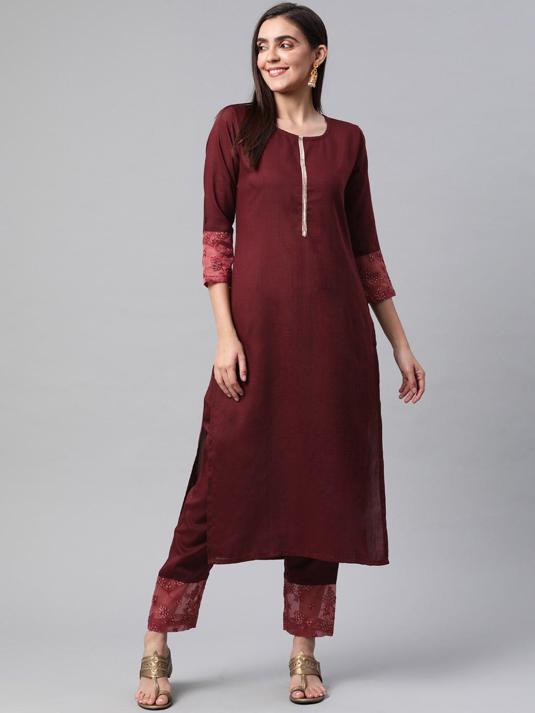 minora women maroon ethnic motifs kurti with trousers