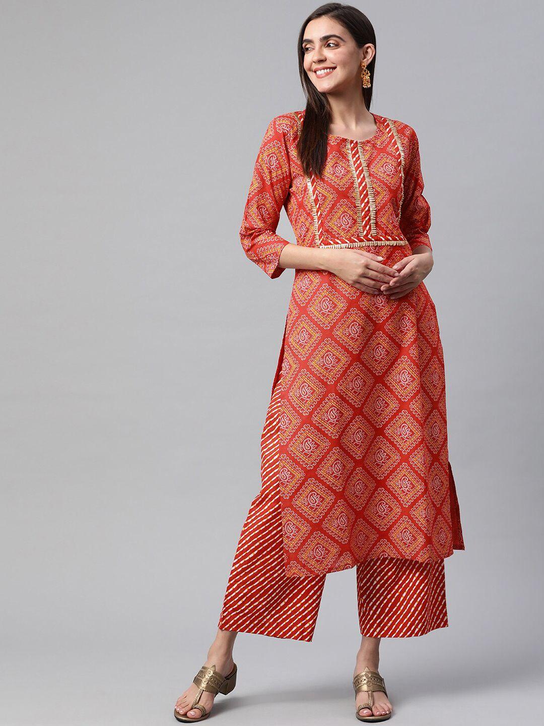 minora women maroon ethnic motifs printed pure cotton kurta with palazzos