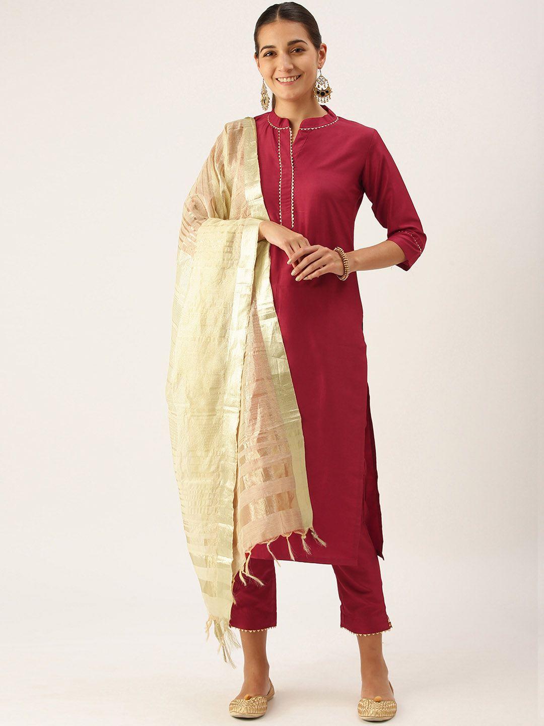 minora women maroon floral regular kurta with trousers & with dupatta