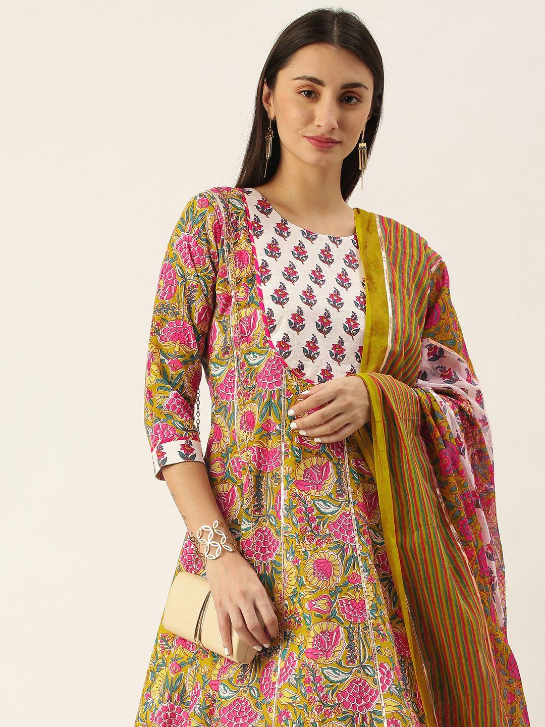 minora women multicoloured floral cotton liva kurta with sharara