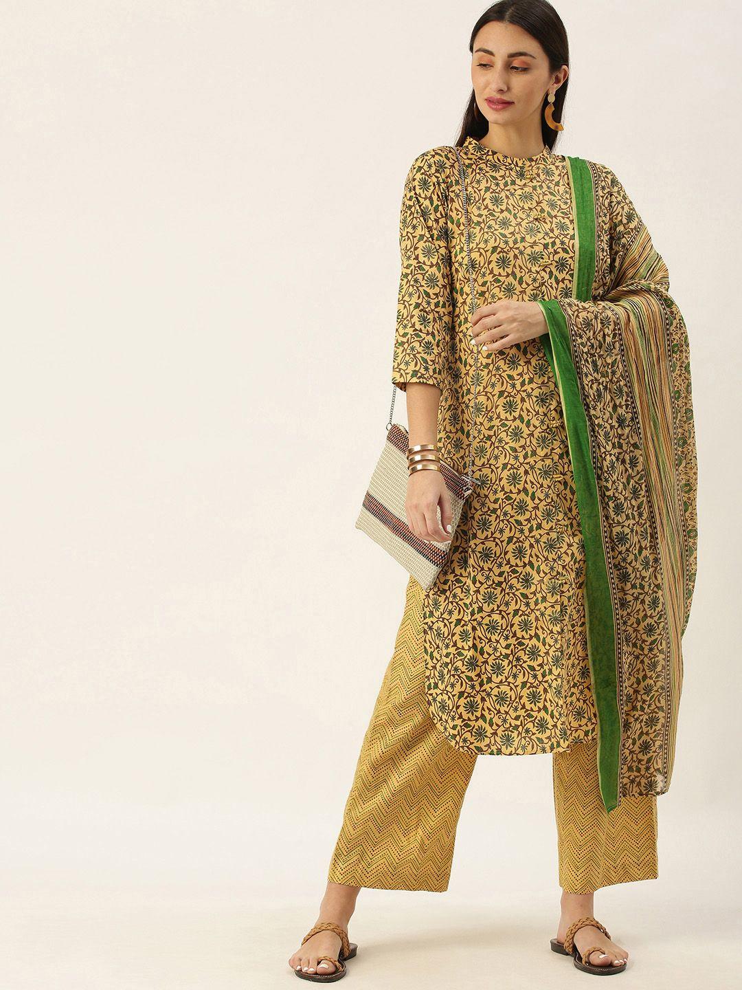 minora women mustard yellow ethnic motifs printed pure cotton kurta with palazzos & with dupatta