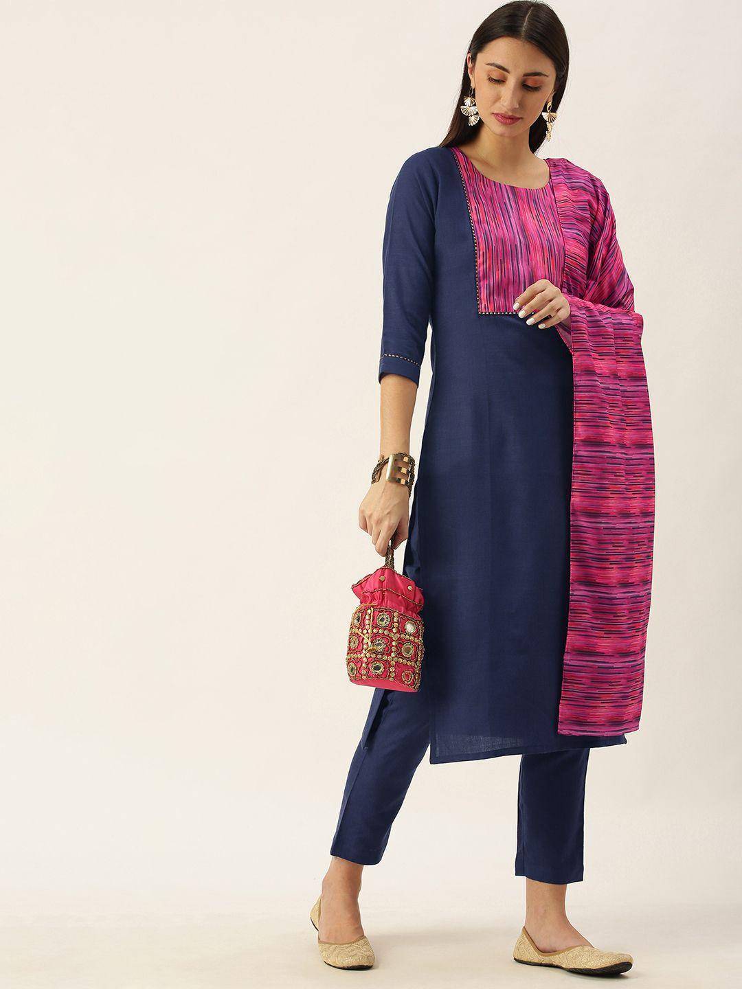 minora women navy blue floral yoke design kurta with trousers & with dupatta