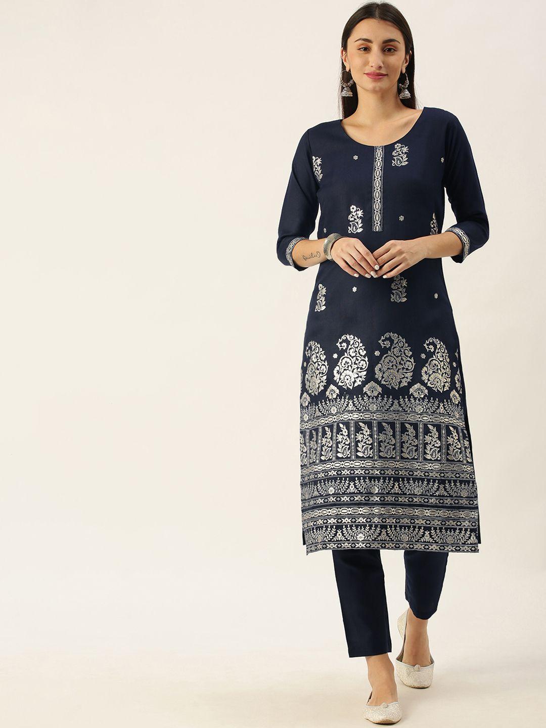 minora women navy blue paisley foil print kurta with trousers