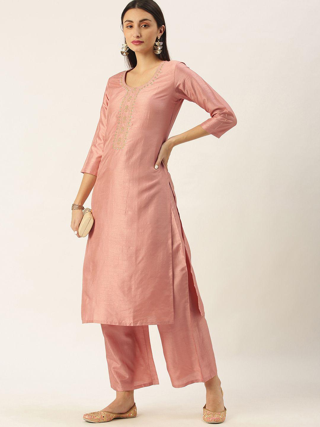 minora women peach-coloured floral embroidered yoke design kurta with palazzos