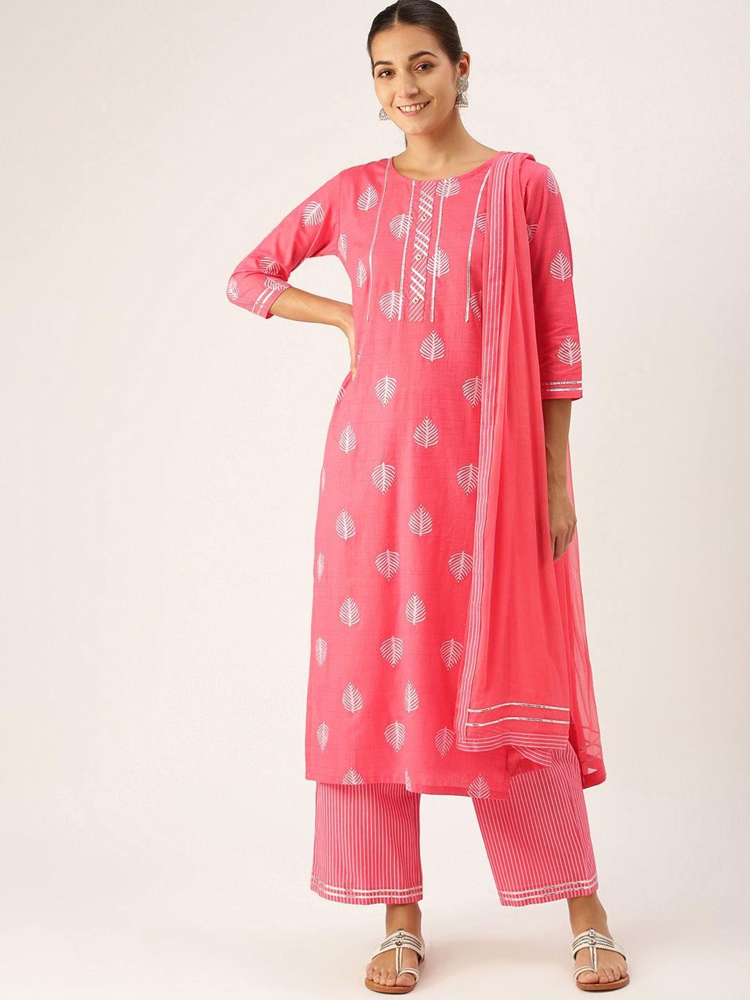 minora women pink floral printed regular pure cotton kurta with palazzos & with dupatta