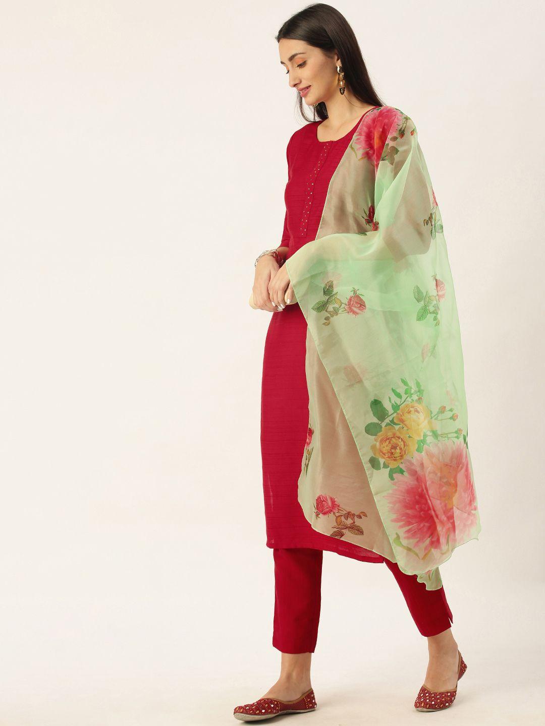minora women red floral yoke design gotta patti liva kurta with trousers & with dupatta