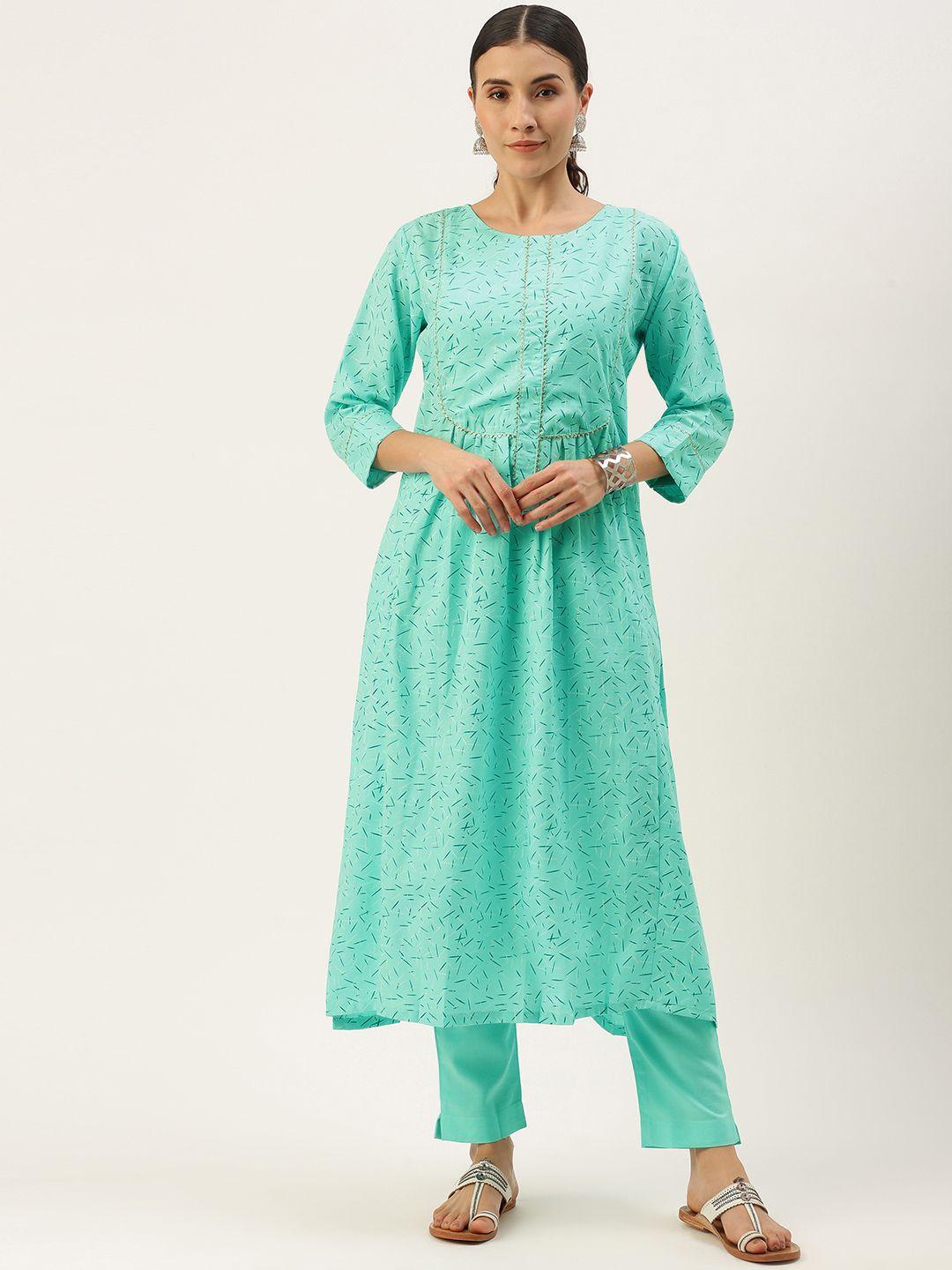 minora women sea green printed pleated gotta patti kurta with palazzos