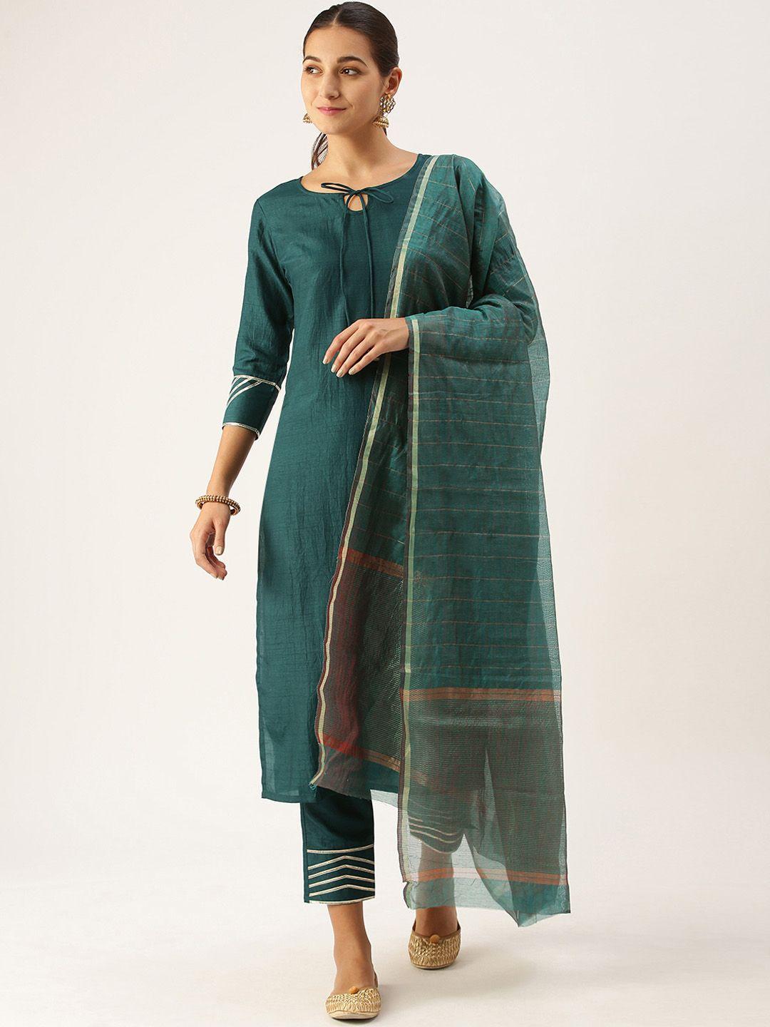 minora women teal floral regular kurta with trousers & with dupatta