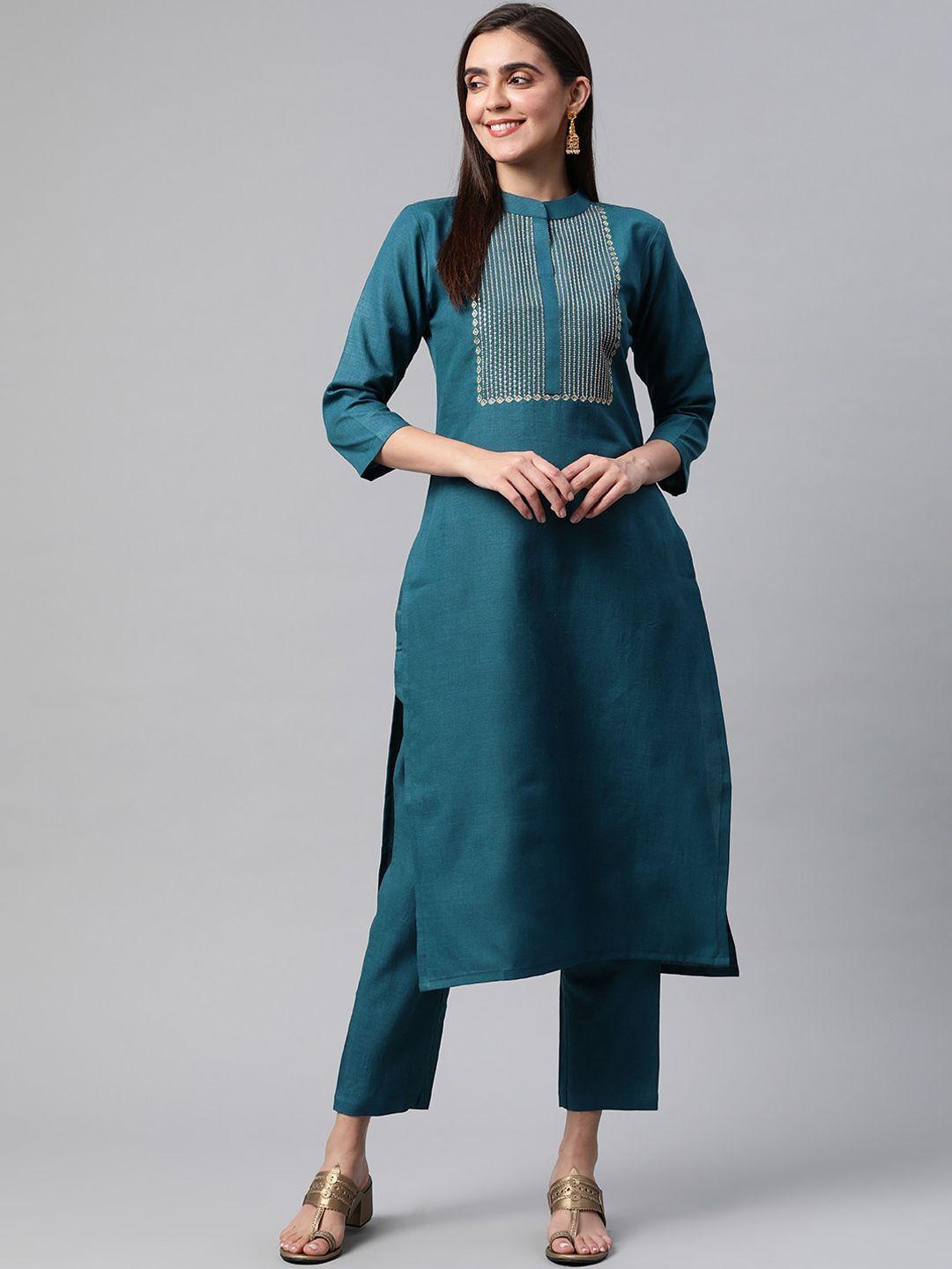 minora women teal yoke design empire kurti with trousers