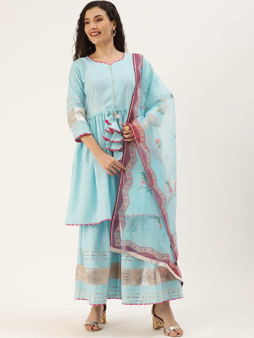 minora women turquoise blue floral yoke design kurta with sharara & with dupatta