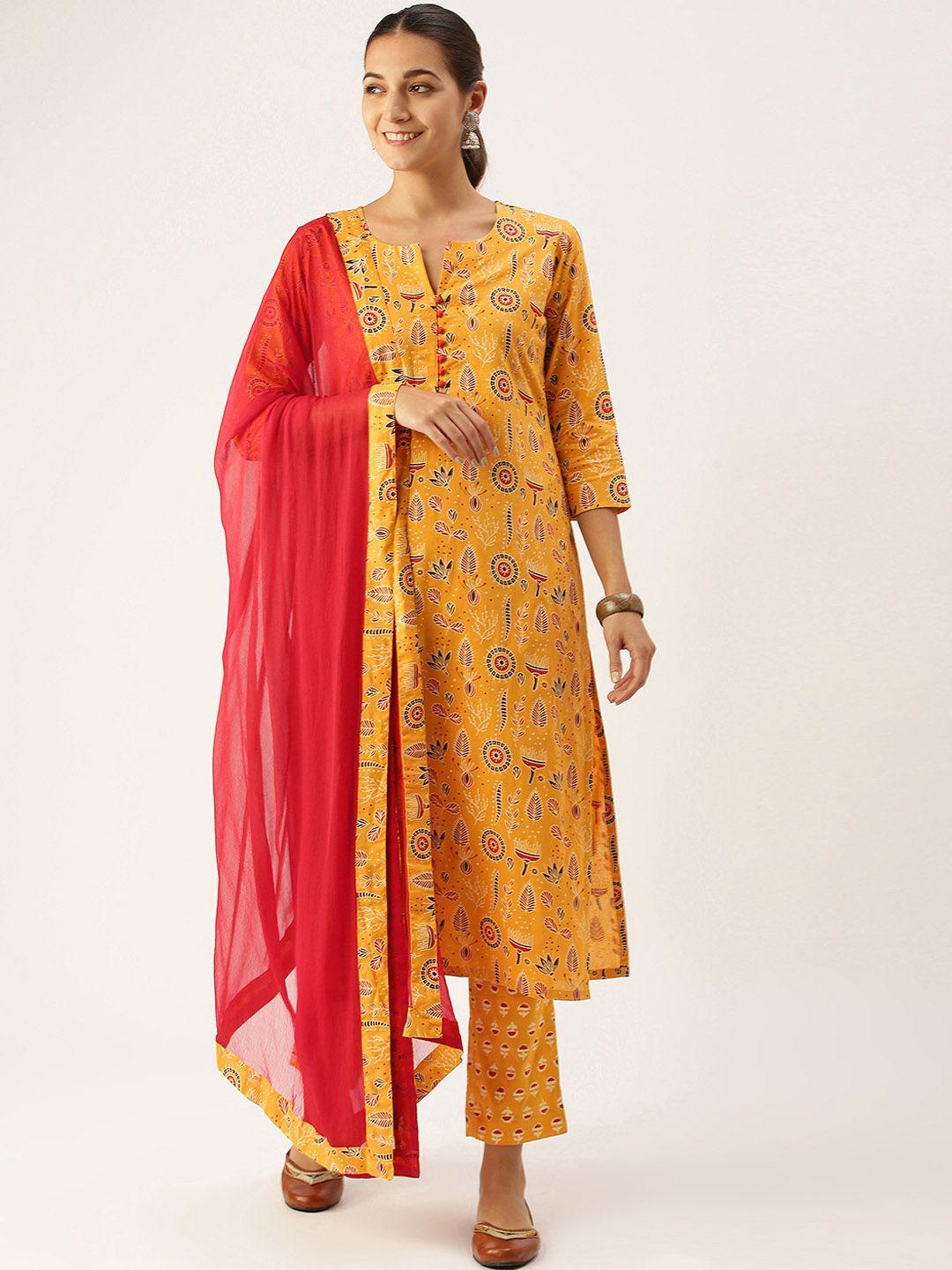 minora women yellow floral printed regular pure cotton kurta with trousers