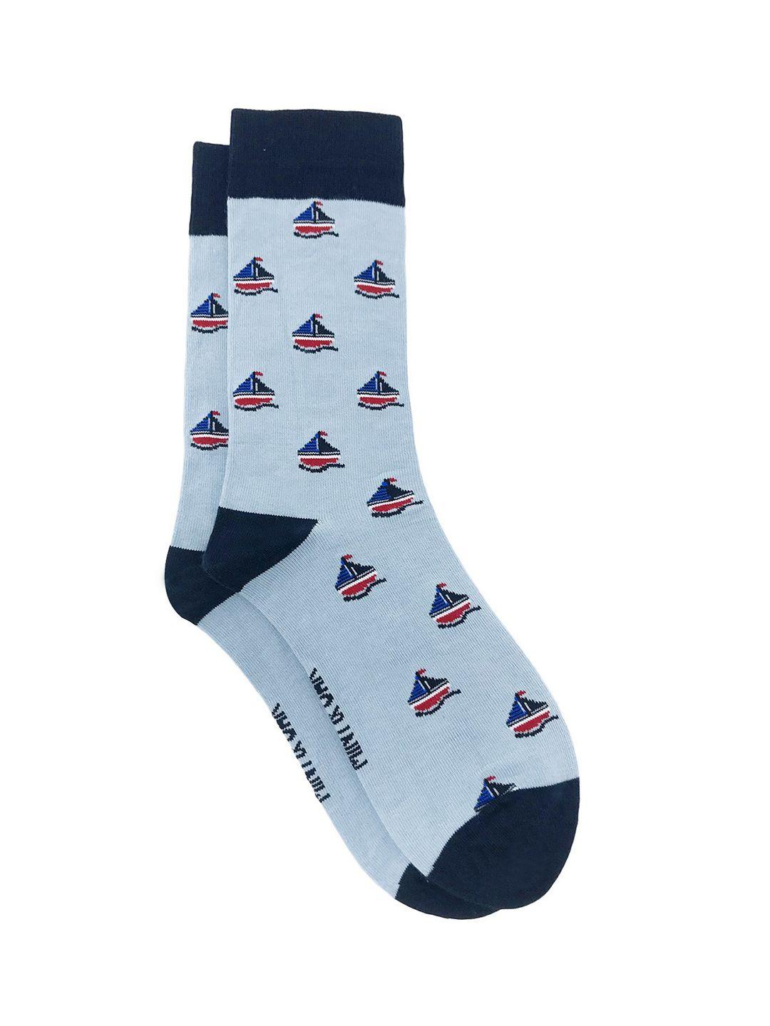 mint & oak men blue patterned calf-length socks