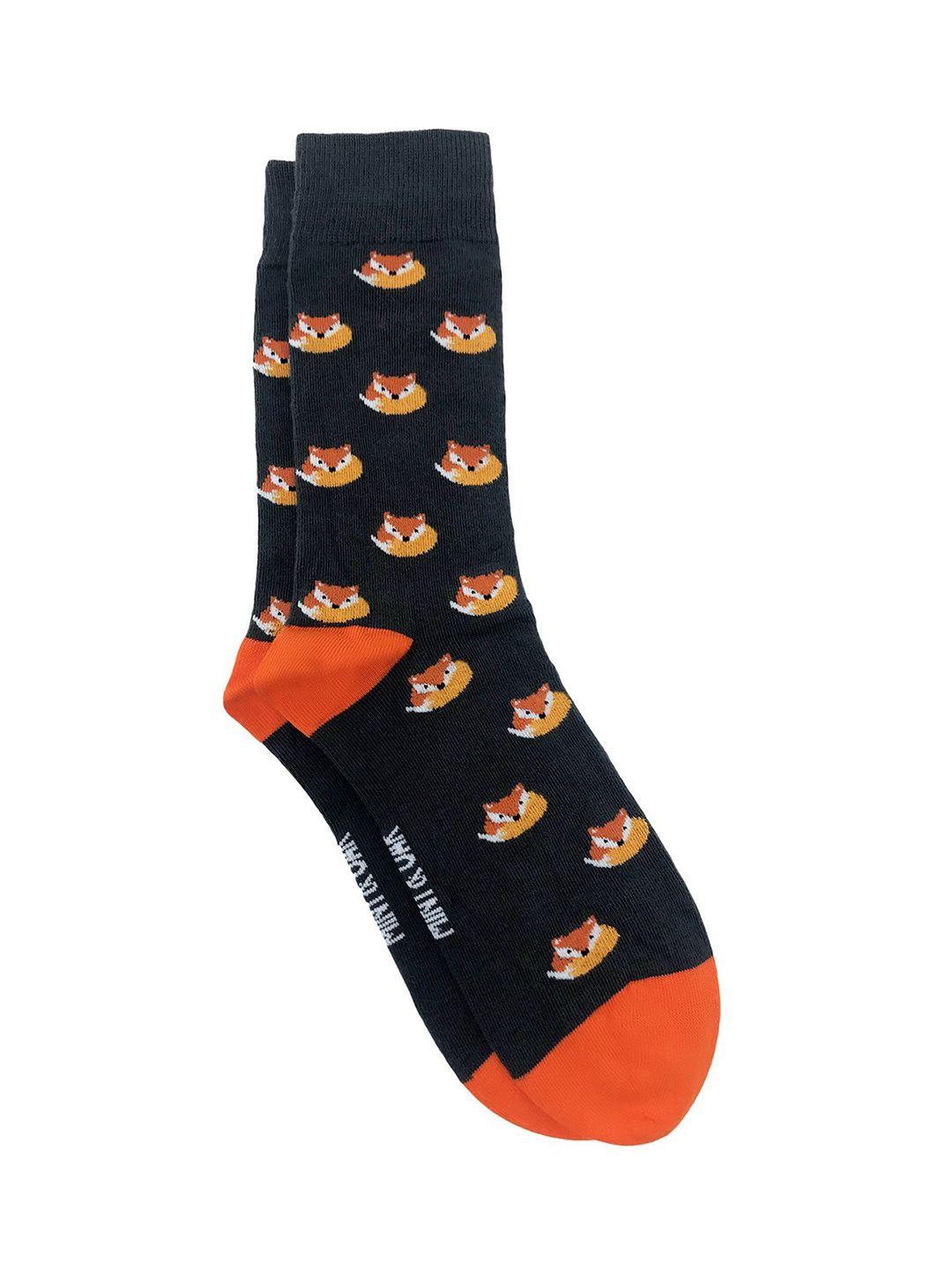 mint & oak men grey & orange patterned calf-length socks