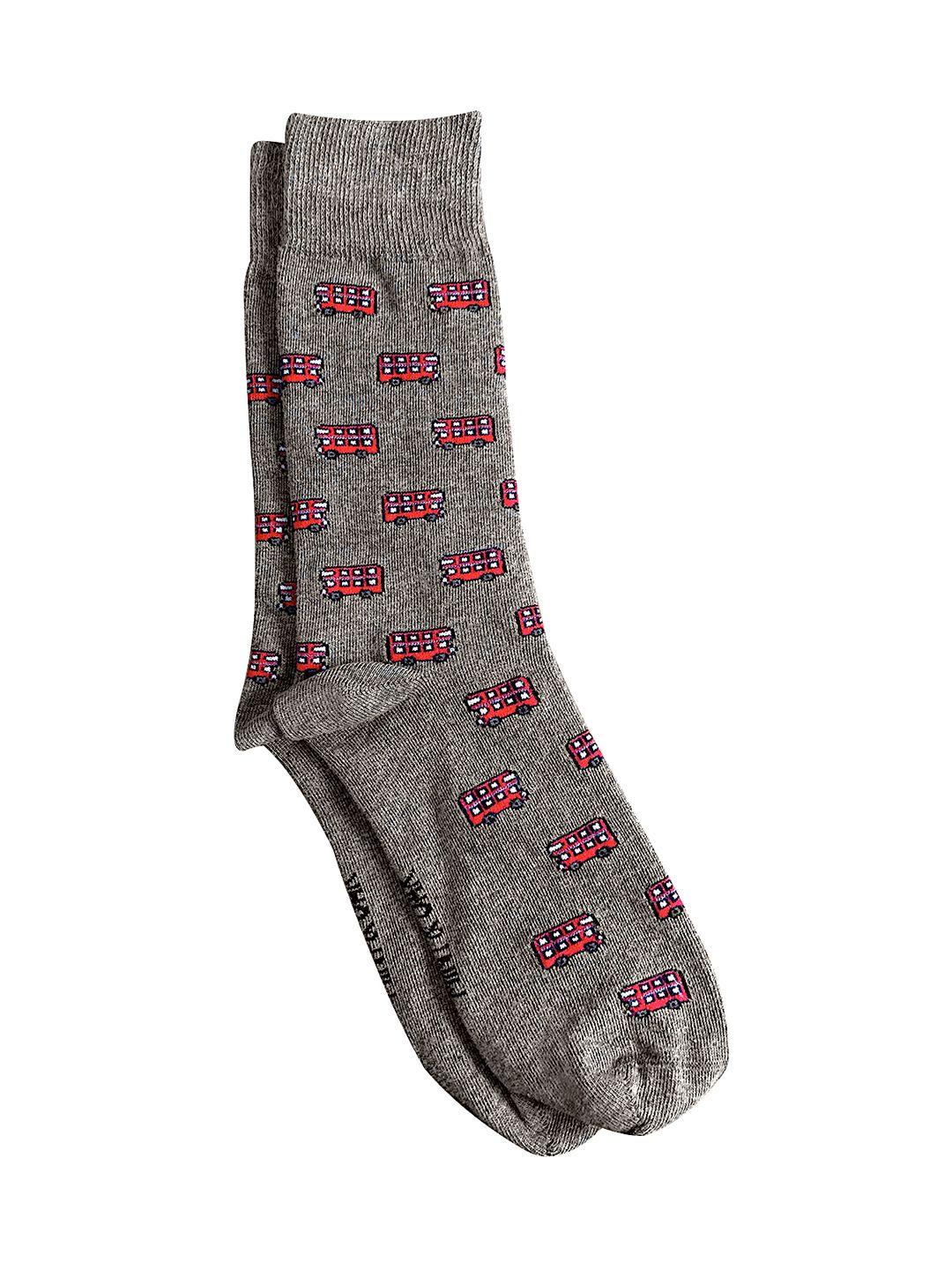 mint & oak men grey & red double decker bus patterned calf-length socks