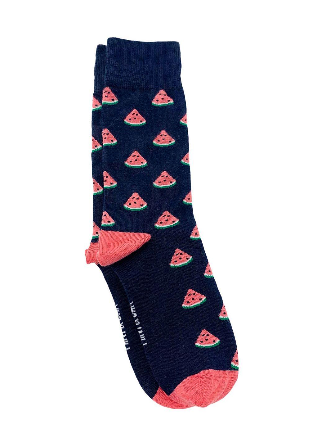 mint & oak men navy blue & pink patterned one in a melon calf-length socks