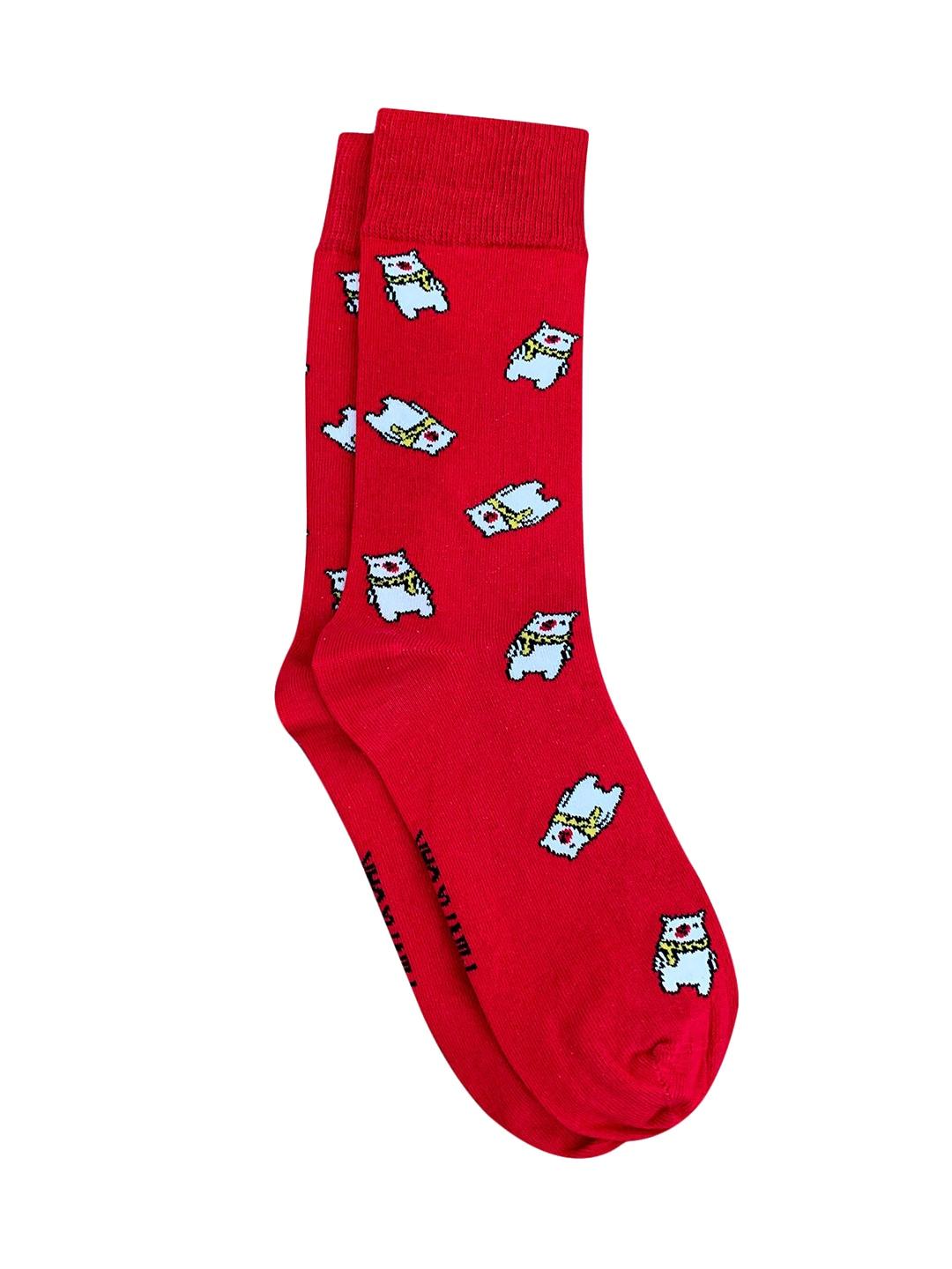 mint & oak men red & white patterned calf-length socks