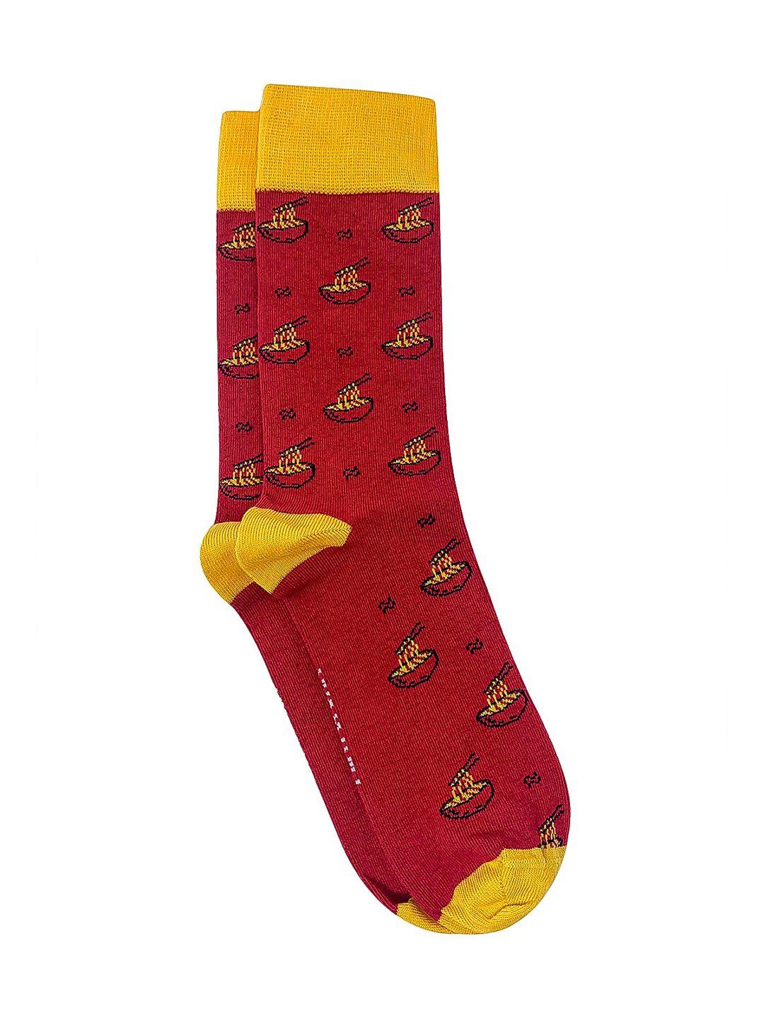 mint & oak men red & yellow patterned anti-microbial calf-length socks