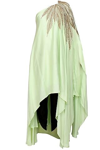 mint-green-and-gold-leaves-beads-embroidered-one-shoulder-dress-and-black-dhoti-pants-set