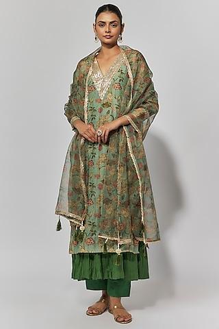 mint green chanderi floral printed kurta set
