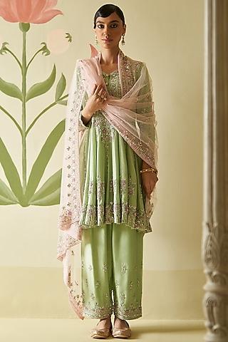 mint green chanderi silk sequins & cutdana embroidered anarkali set