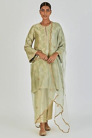 mint green fine banarasi silk marodi embroidered kurta set