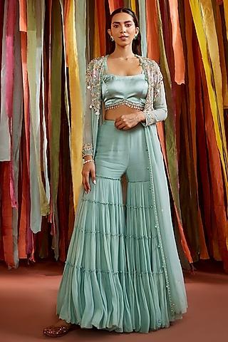 mint green georgette embroidered cape set